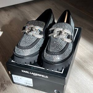 Brand new! Karl Lagerfeld Black and Rhinestone Embellished Loafers